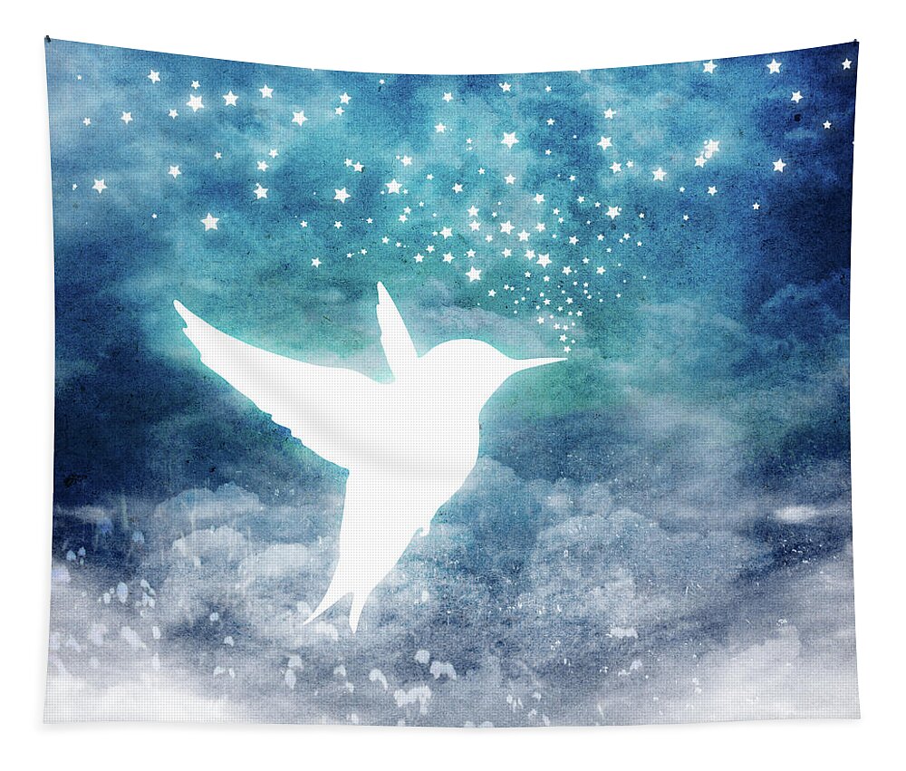 Hummingbird Tapestry featuring the digital art Magical, Whimsical Spirit Hummingbird Drinking Stars by Laura Ostrowski