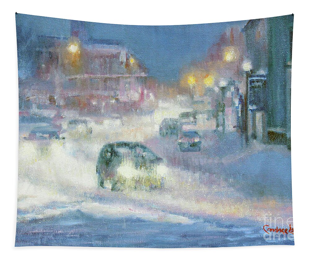Main Street Evening Snow Tapestry featuring the painting Main Street Evening Snow by Candace Lovely