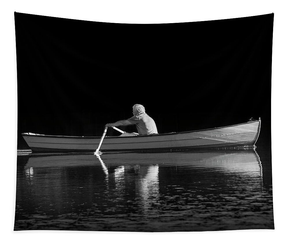 Oarsman Tapestry featuring the photograph Man rowing on Stoney Lake at Sunrise in Black and White by Randall Nyhof
