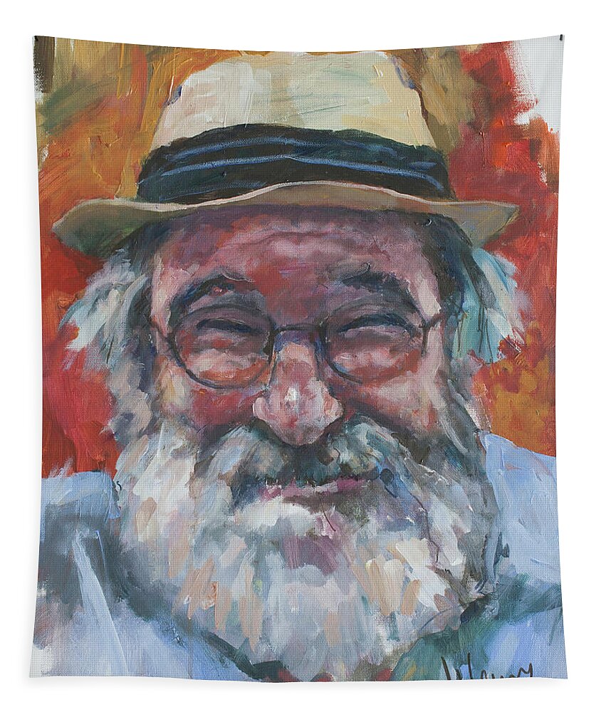 Portrait Tapestry featuring the painting Man with yellow hat by Maxim Komissarchik
