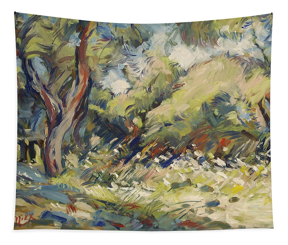 Paxos Tapestry featuring the painting Marmari olive orchard Paxos by Nop Briex