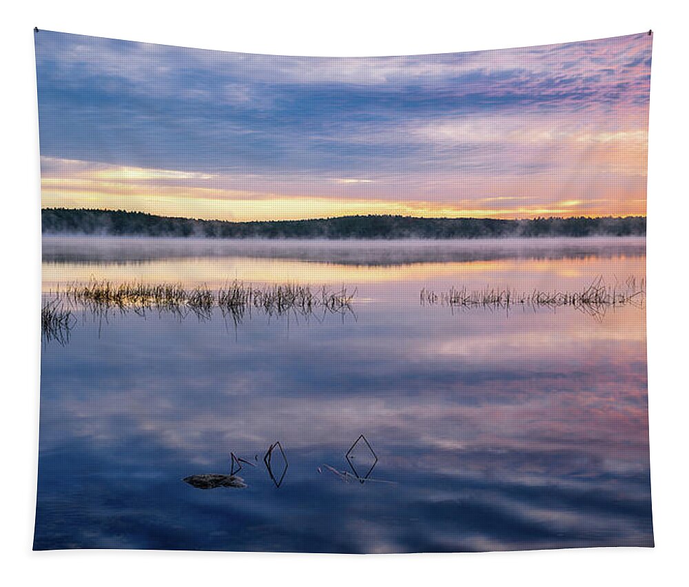 Massabesic Lake N H Tapestry featuring the photograph Massabesic Lake, Morning Mist by Michael Hubley