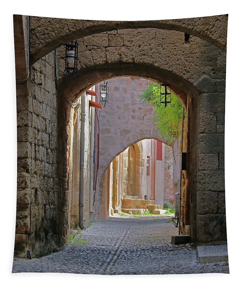 Greece Tapestry featuring the photograph Medieval City in Rhodes by M Kathleen Warren