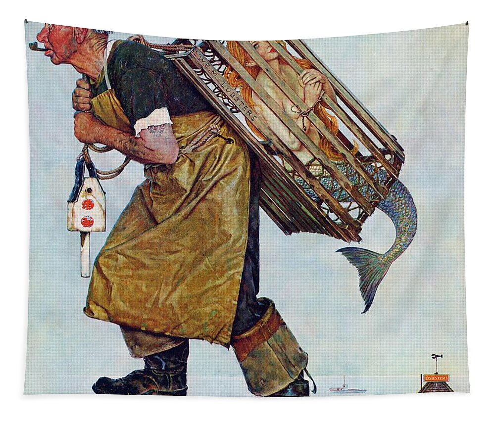 Lobsterman Tapestry featuring the painting Mermaid by Norman Rockwell