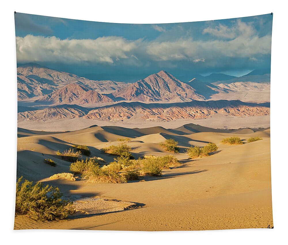 Amargosa Range Tapestry featuring the photograph Mesquite Flat Sand Dunes at Sunset by Jeff Goulden