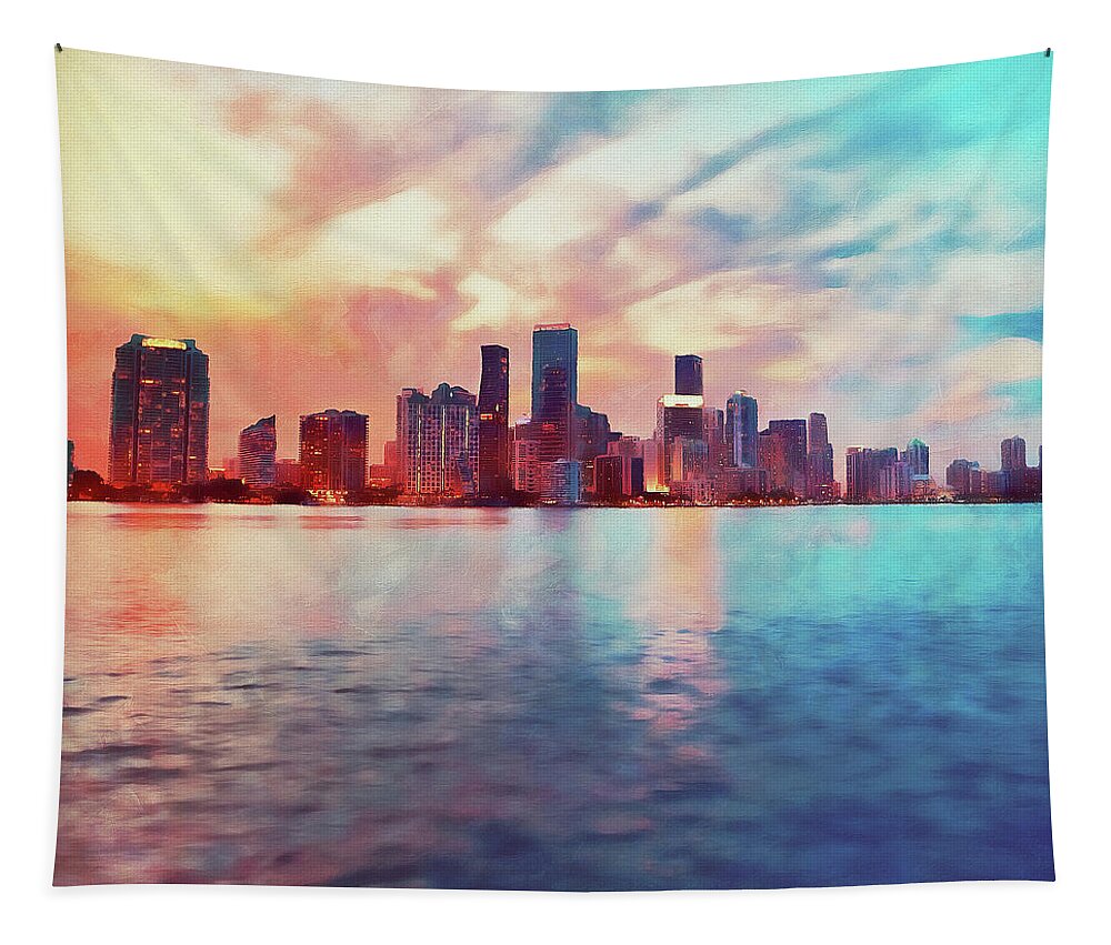 Miami Tapestry featuring the painting Miami Cityscape - 02 by AM FineArtPrints