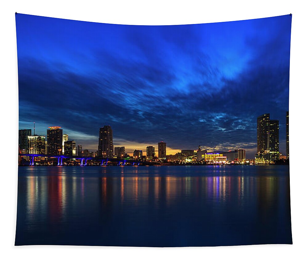 Architecture Tapestry featuring the photograph Miami Sunset Skyline by Raul Rodriguez