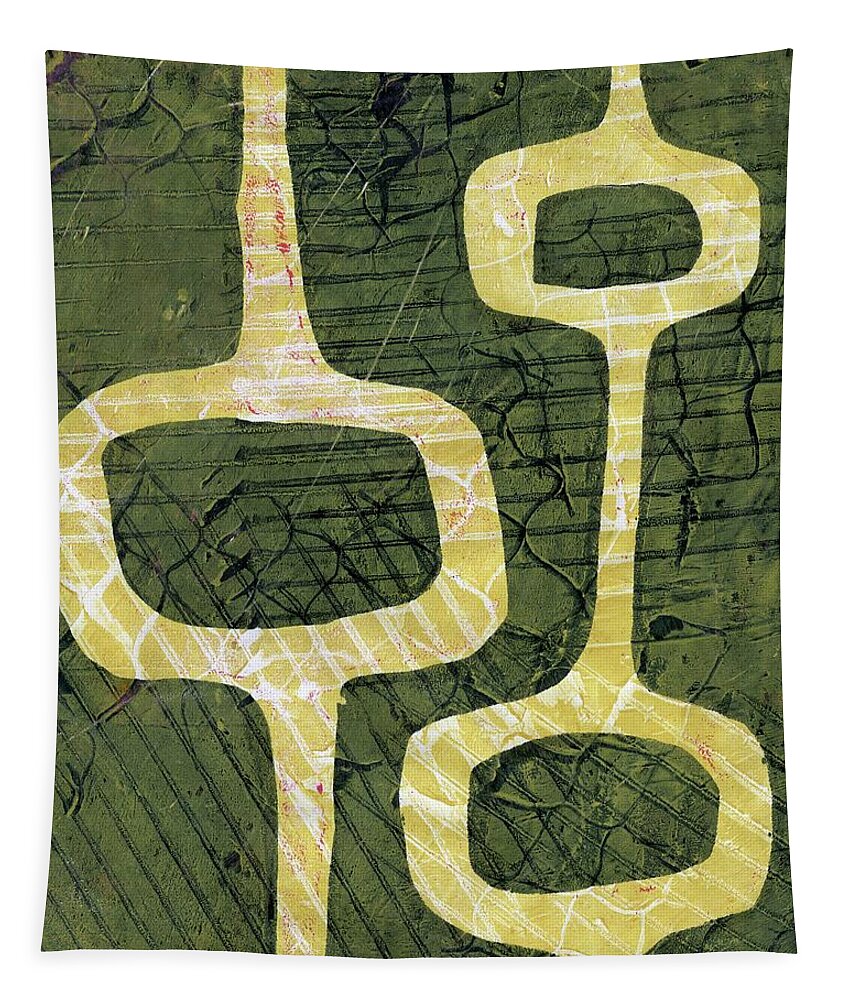 Mid Century Tapestry featuring the painting Mid Century Modern abstract gelli plate green yellow by Jane Linders