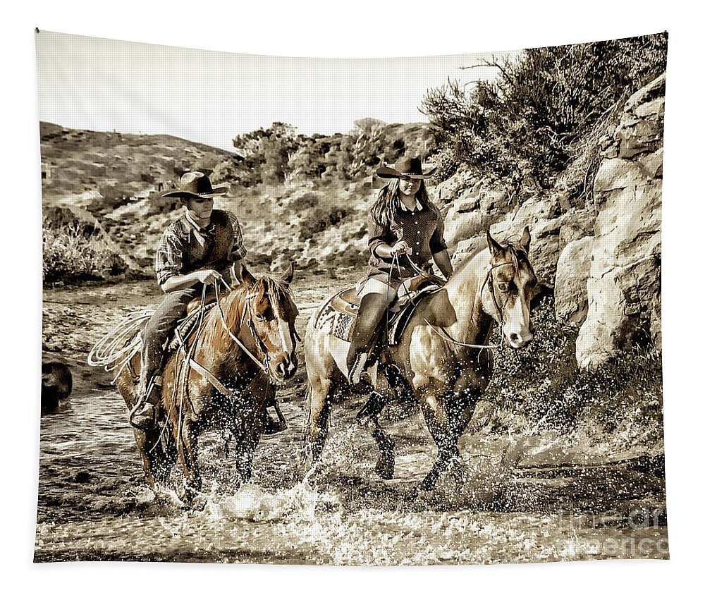 Cowboy Cowgirl Sepia Tone Photography Tapestry featuring the photograph Midday Ride by Jerry Cowart