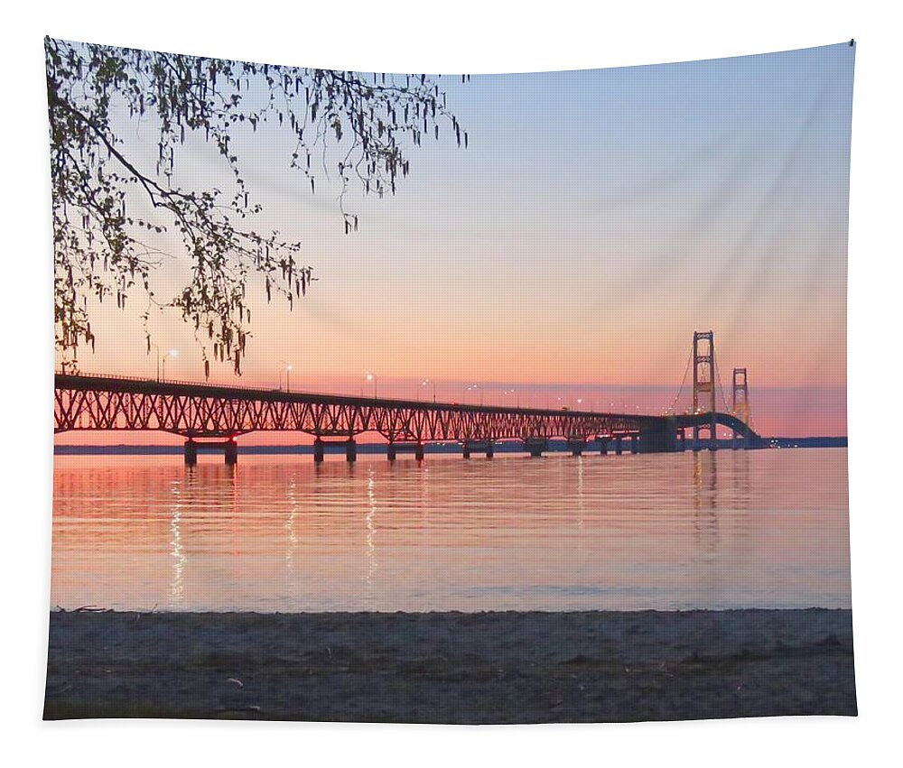 Mackinac Bridge Tapestry featuring the photograph Mighty Mac and Birch Tree by Keith Stokes