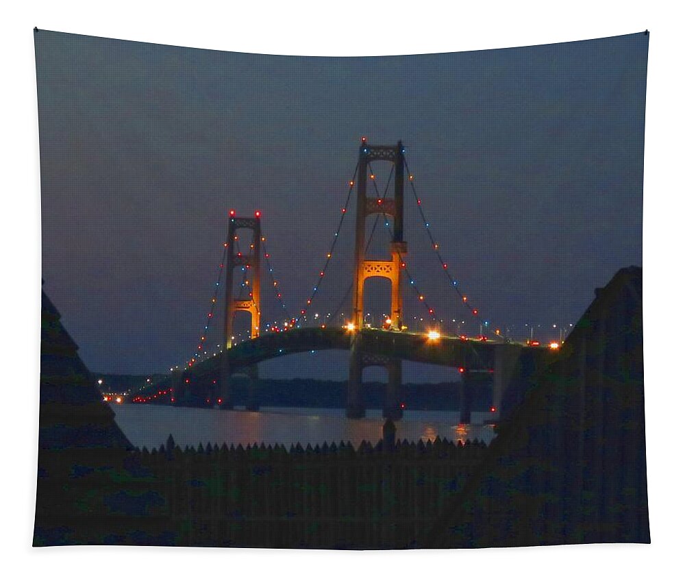 Mackinac Bridge Tapestry featuring the photograph Mighty Mac from Fort Michilimackinac by Keith Stokes
