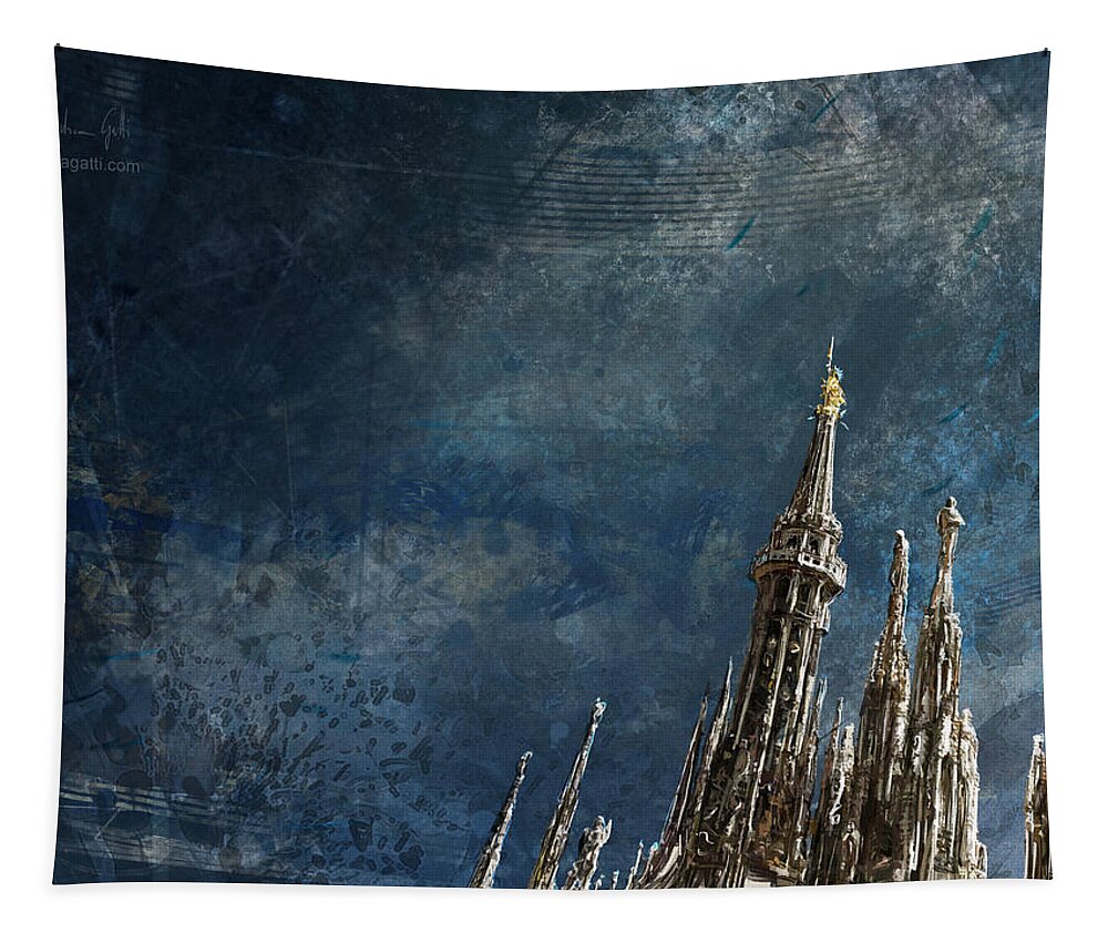Italy Tapestry featuring the digital art Milan Cathedral Spires dark by Andrea Gatti