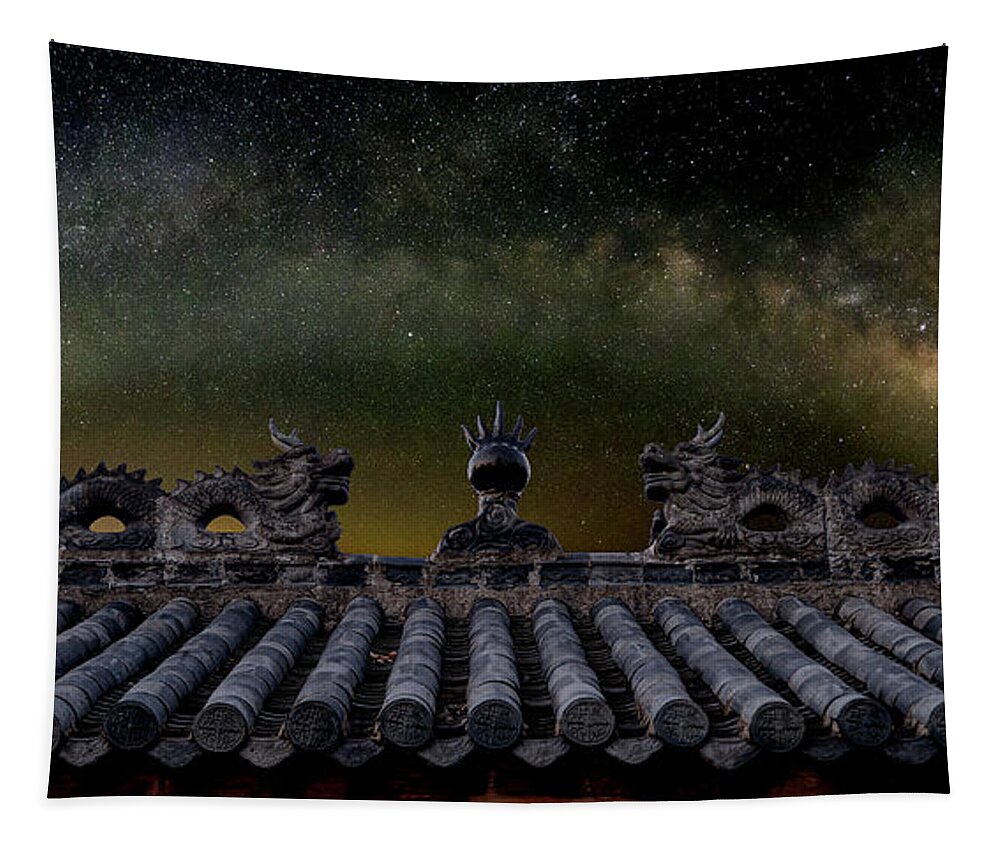 Landscape Tapestry featuring the photograph Milky Way Arch over Chinese Temple Roof by William Dickman