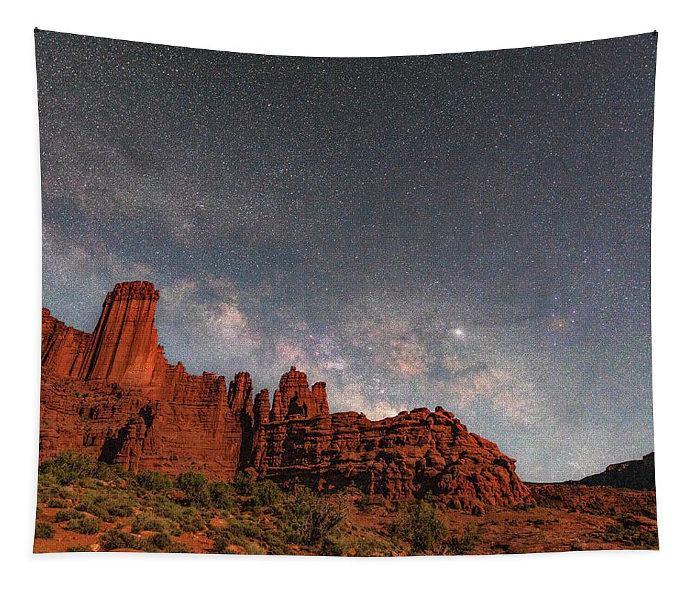 Utah Tapestry featuring the photograph Milky Way over Fisher Towers by Dan Norris