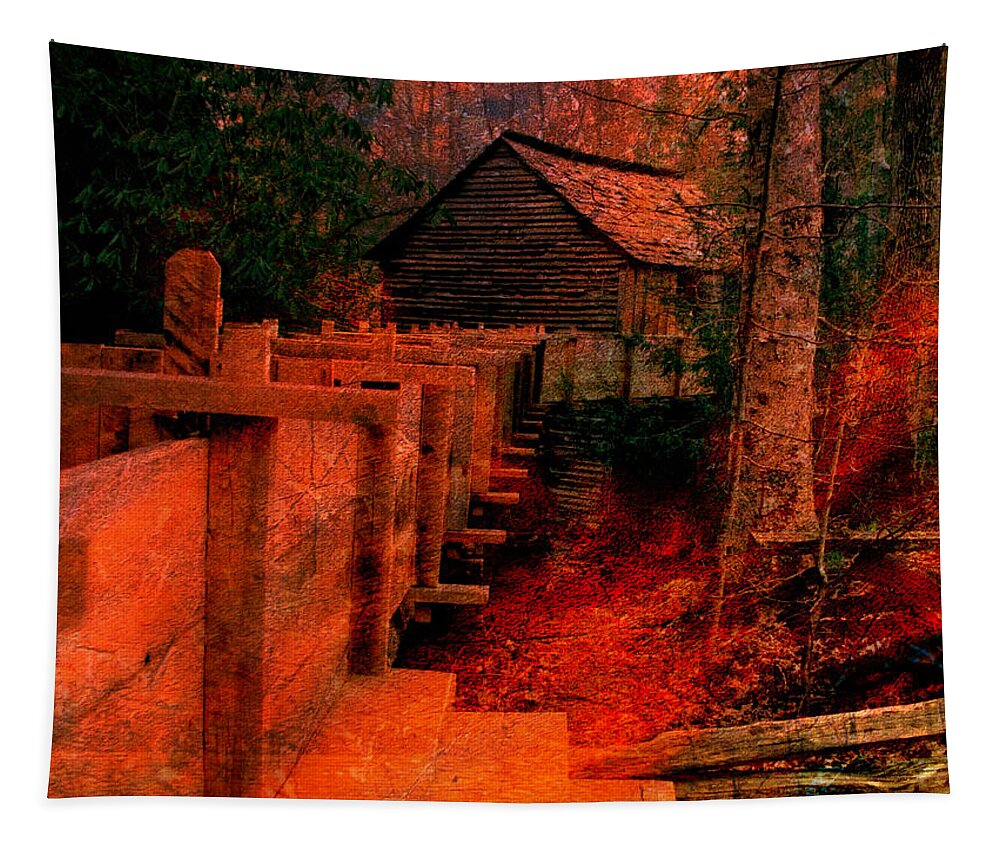 Old Mill Tapestry featuring the photograph Mill Scene at Sunset Abstract by Mike McBrayer