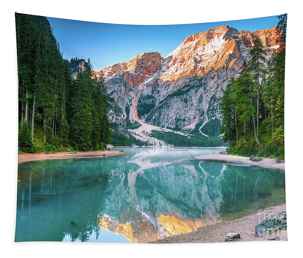 Mountain Tapestry featuring the photograph Misty Lake and Snow Cap Mountain Reflections Landscape Photograph by PIPA Fine Art - Simply Solid