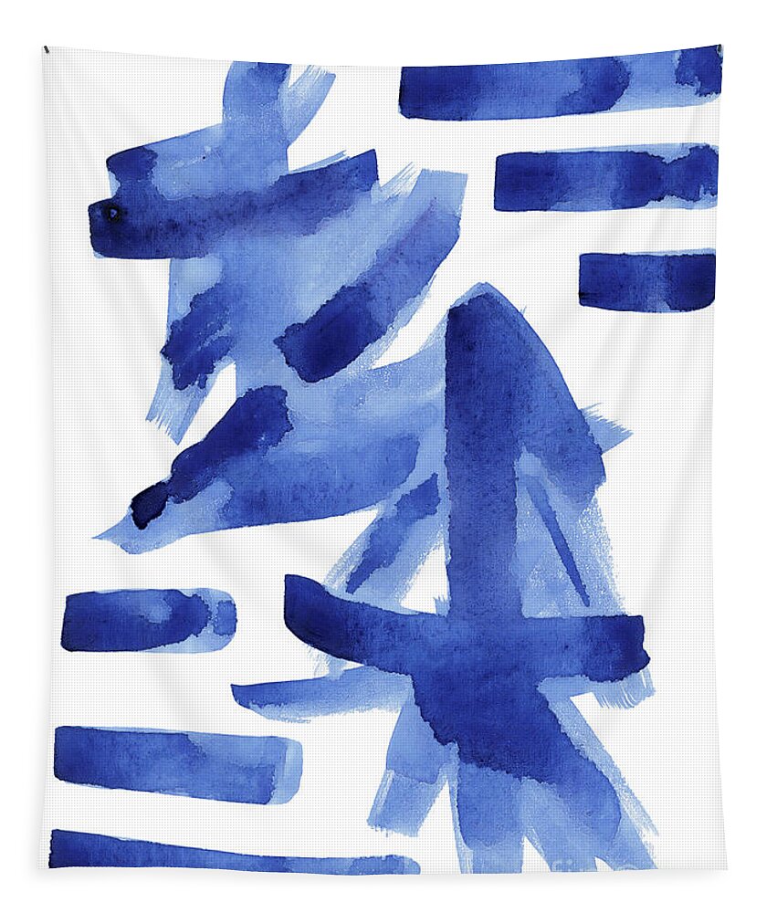 Asian Tapestry featuring the painting Modern Asian Inspired Abstract Blue and White by Audrey Jeanne Roberts