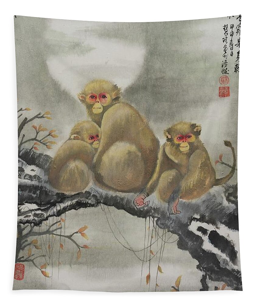 Chinese Watercolor Tapestry featuring the painting Monkey Family by Jenny Sanders