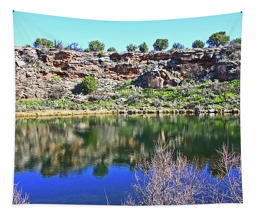Montezuma's Well Az Water Blue Sky Reflections Stone Wall Tapestry featuring the photograph Montezuma's Well AZ water blue sky reflections stone wall 3192019 5253. by David Frederick