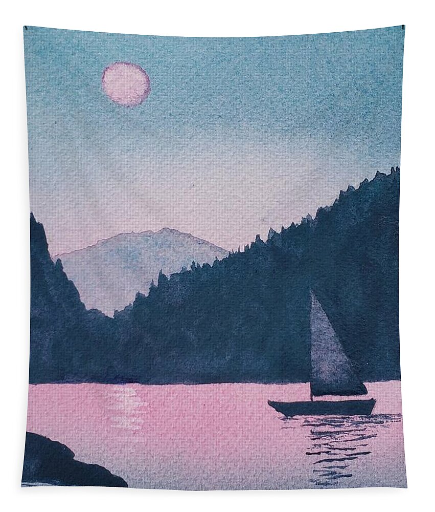 Sailboat Greeting Tapestry featuring the painting Moonlit Sails by Lisa Debaets