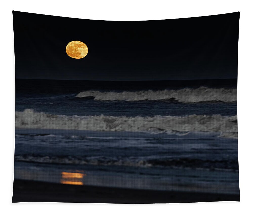 Moonrise Tapestry featuring the photograph Moonrise over Assateague Island Beach by William Dickman
