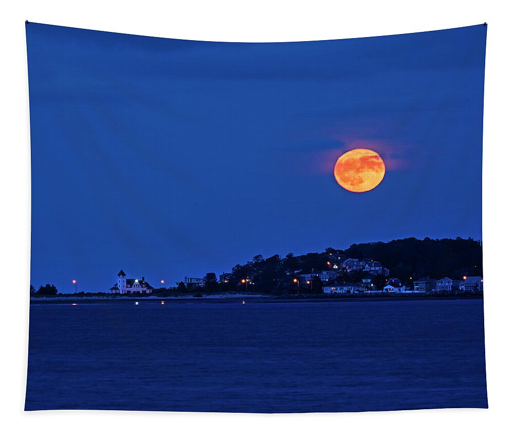 Nahant Tapestry featuring the photograph Moonrise over Nahant from Revere Beach Nahant MA by Toby McGuire