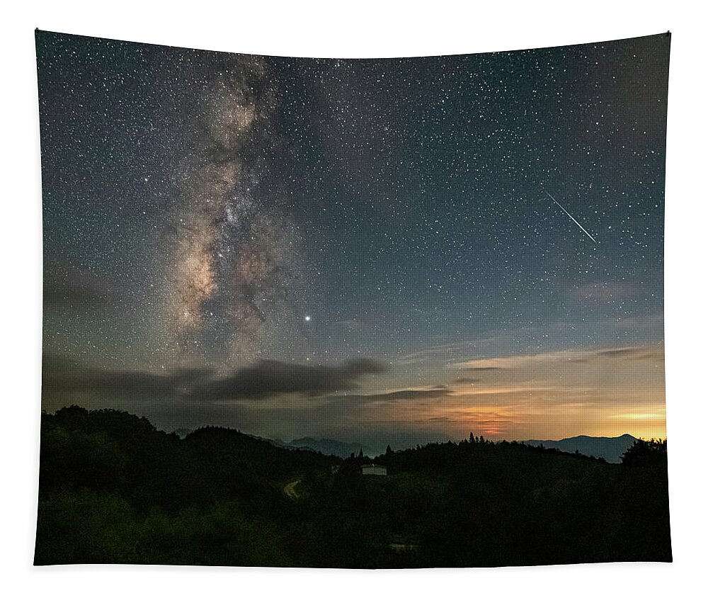 Milky Way Tapestry featuring the photograph Moonset Milky way and Shooting Star by William Dickman