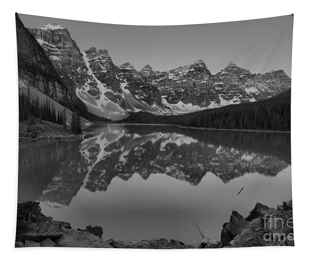 Moraine Lake Sunrise Tapestry featuring the photograph Moraine Lake Dawn Pink Peaks Black And White by Adam Jewell