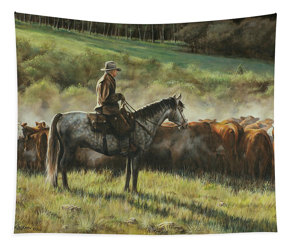 Cowboy Tapestry featuring the painting Morning In the Highwoods by Kim Lockman