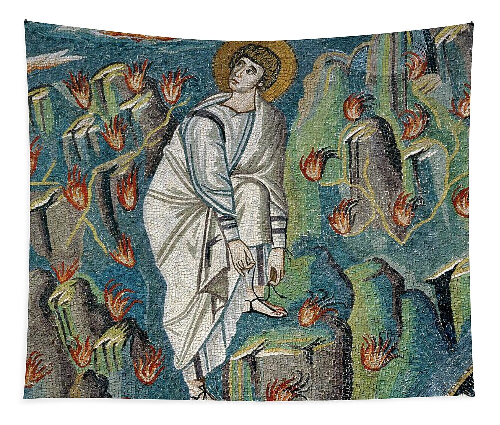 Moses Tapestry featuring the painting Mosaic of Moses loosening sandal on Mt. Horeb or Sinai at God's command from burning bush in Basi... by Album