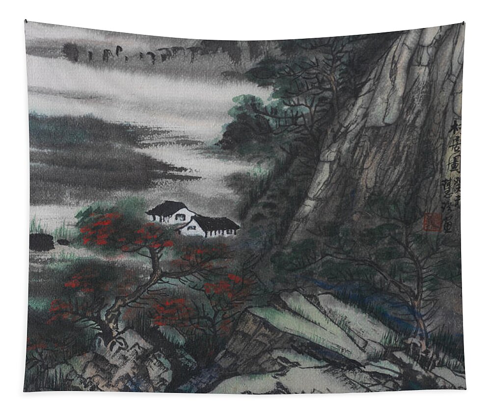 Chinese Watercolor Tapestry featuring the painting Houses by the River by Jenny Sanders