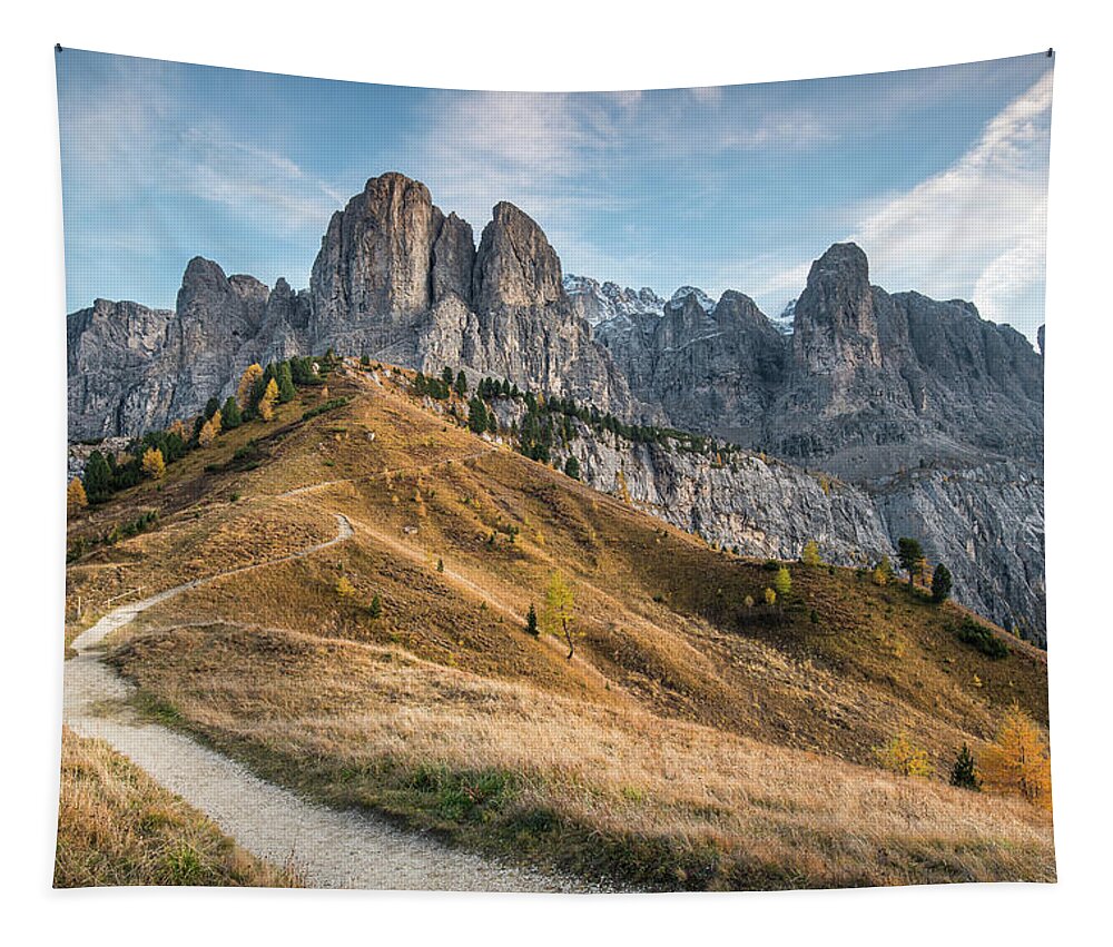 Dolomites Tapestry featuring the photograph Mountain landscape of the picturesque Dolomites at Passo Gardena by Michalakis Ppalis