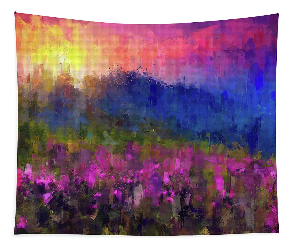 Mountain Tapestry featuring the painting Mountain sunset by Vart Studio