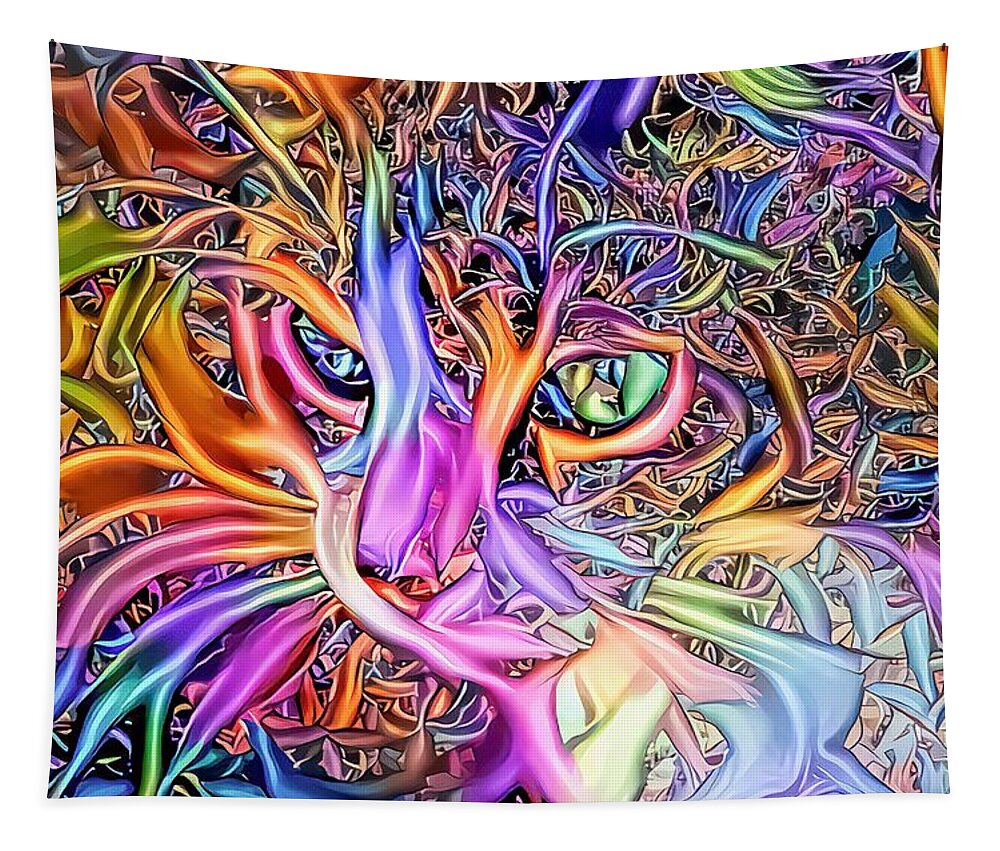 Orange Tapestry featuring the digital art Multicolor Spaghetti String Kitty by Don Northup