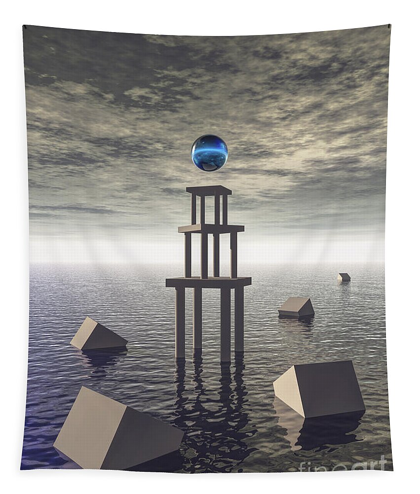 Structure Tapestry featuring the digital art Mysterious Tower At Sea by Phil Perkins
