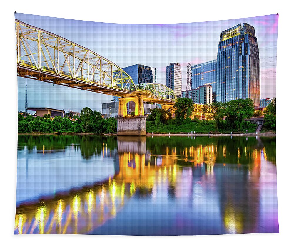 America Tapestry featuring the photograph Nashville Shelby Street Bridge Over Cumberland River at Dusk by Gregory Ballos