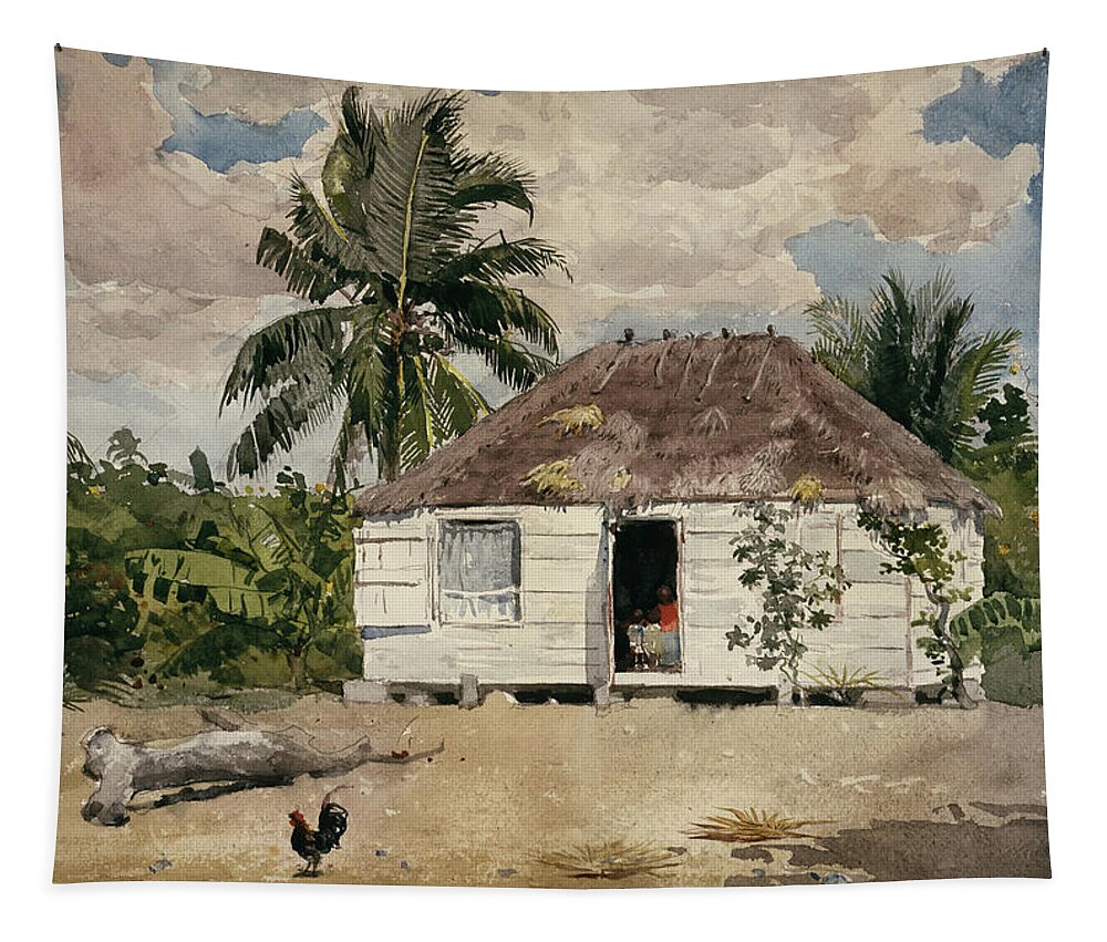 Native Huts Nassau Tapestry featuring the painting Native Huts Nassau by Winslow Homer 1885 by Movie Poster Prints