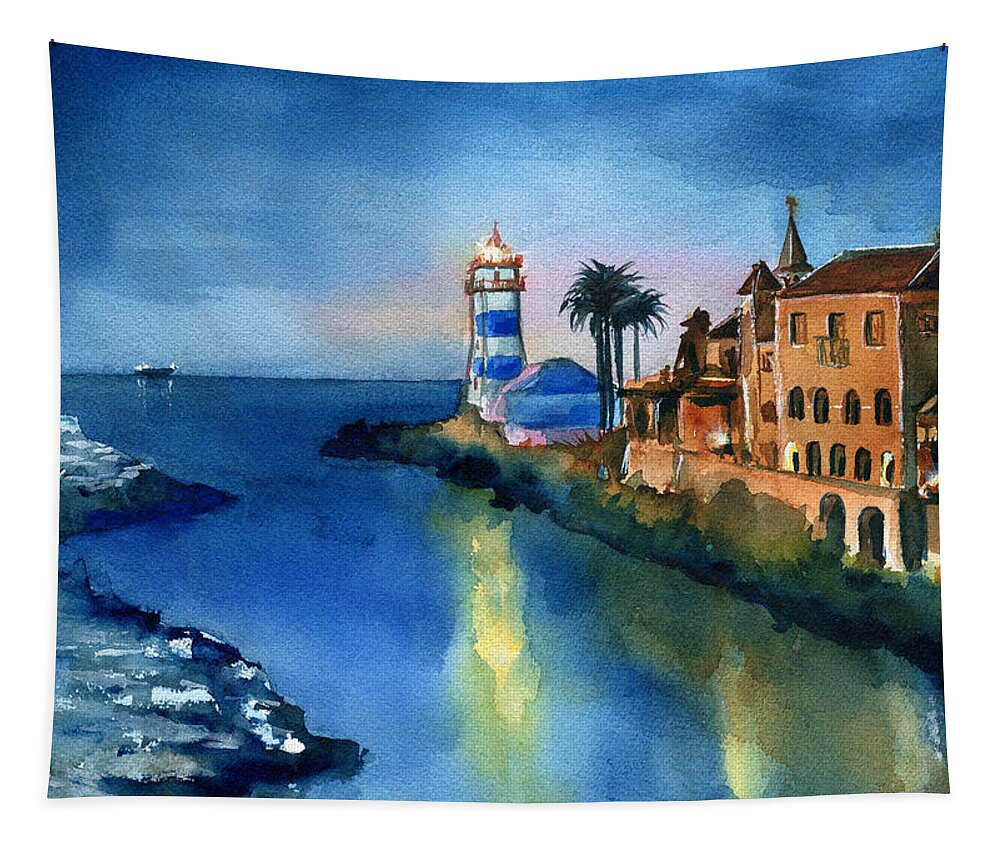 Portugal Tapestry featuring the painting Nightfall in Cascais Portugal by Dora Hathazi Mendes