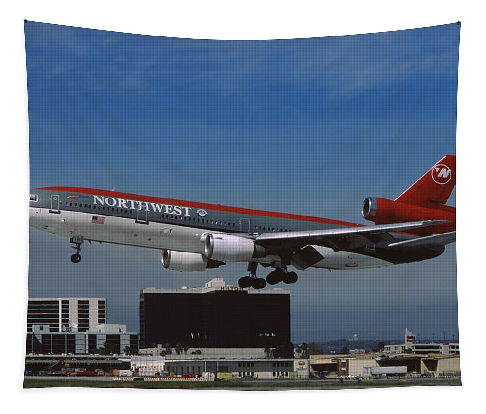 Northwest Airlines Tapestry featuring the photograph Northwest Airlines DC-10-40 Landing at Los Angeles by Erik Simonsen