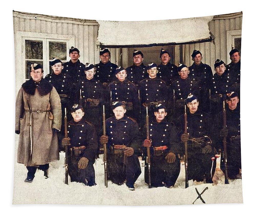 Colorized Tapestry featuring the painting Norwegian Royal Guards RPPC depicting a group of Norwegian Royal Guards armed with Krag-Jorgensen ri by Celestial Images