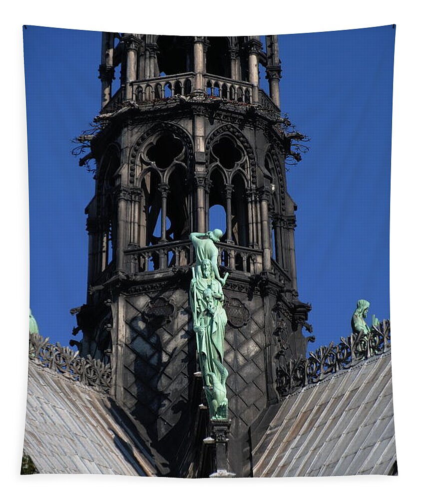 Notre Dame Paris Tapestry featuring the photograph Notre Dame Paris - Spire, Roof, Statuary by Jacqueline M Lewis