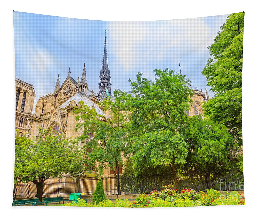 Paris Tapestry featuring the photograph Notre Dame with garden by Benny Marty