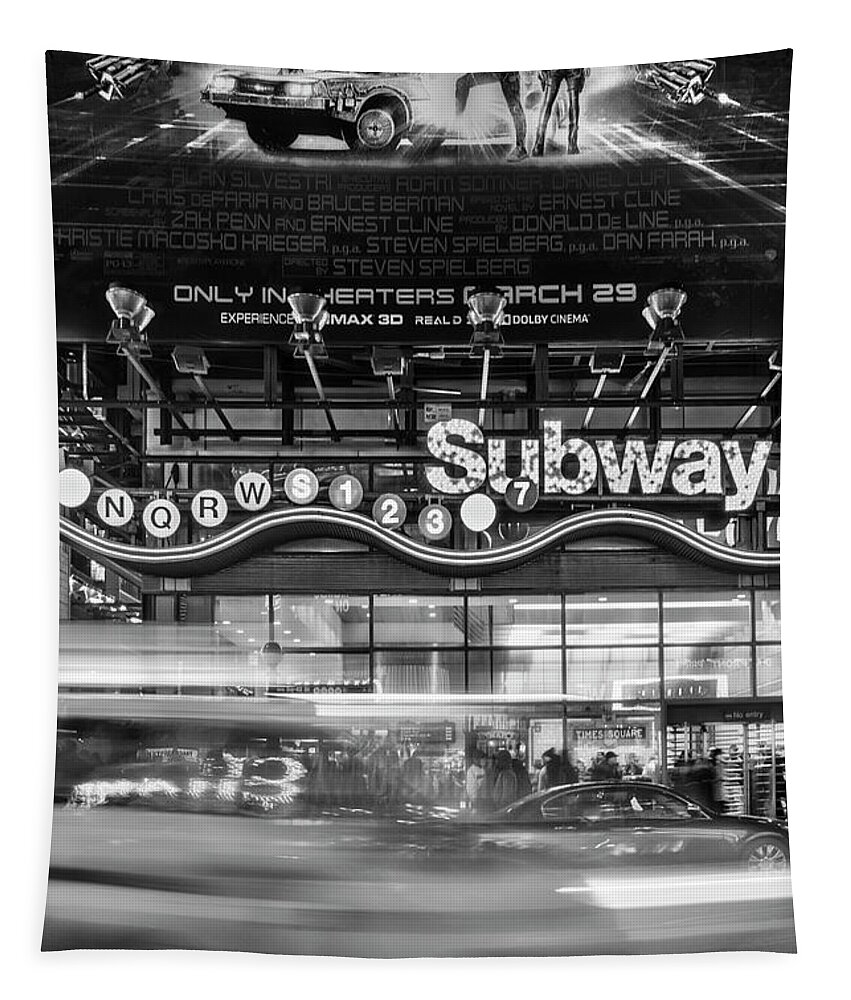 Times Square Tapestry featuring the photograph NYC Subway Stations BW by Susan Candelario
