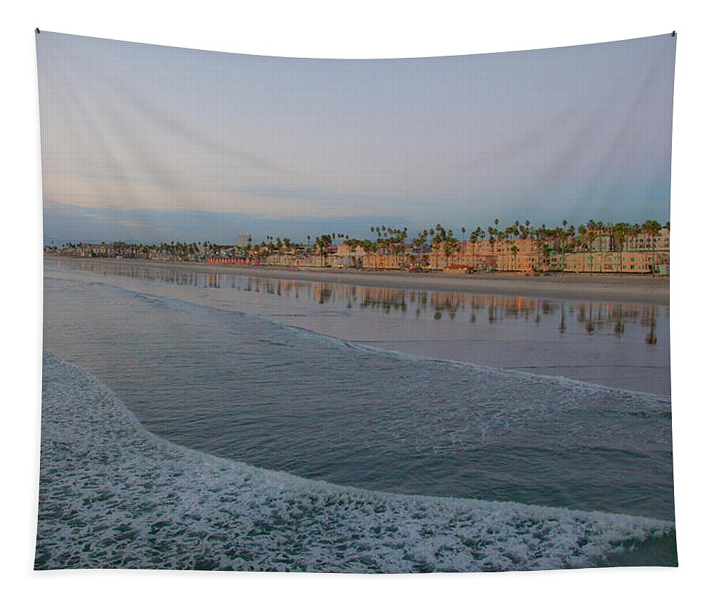 View Of Coast From Oceanside Pier Tapestry featuring the photograph Oceanside California Sunset City Light Reflection on Pacific by Catherine Walters