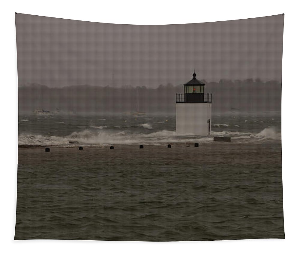 Salem Ma Tapestry featuring the photograph October Storm at Derby Wharf Lighthouse by Jeff Folger