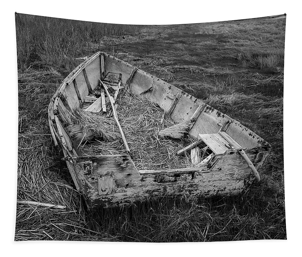 Aground Tapestry featuring the photograph Old Boat in Tidal Marsh II BW by David Gordon