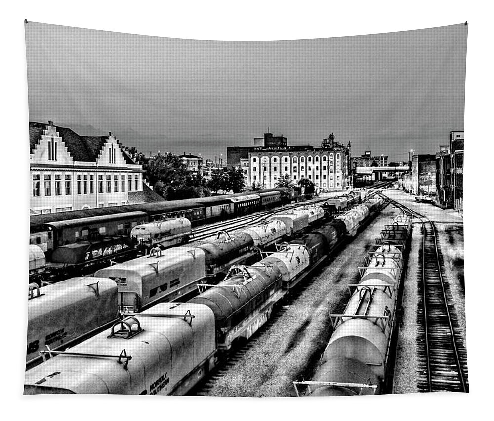 Old City Train Tracks Black And White Tapestry featuring the photograph Old City Train Tracks Black and White by Sharon Popek