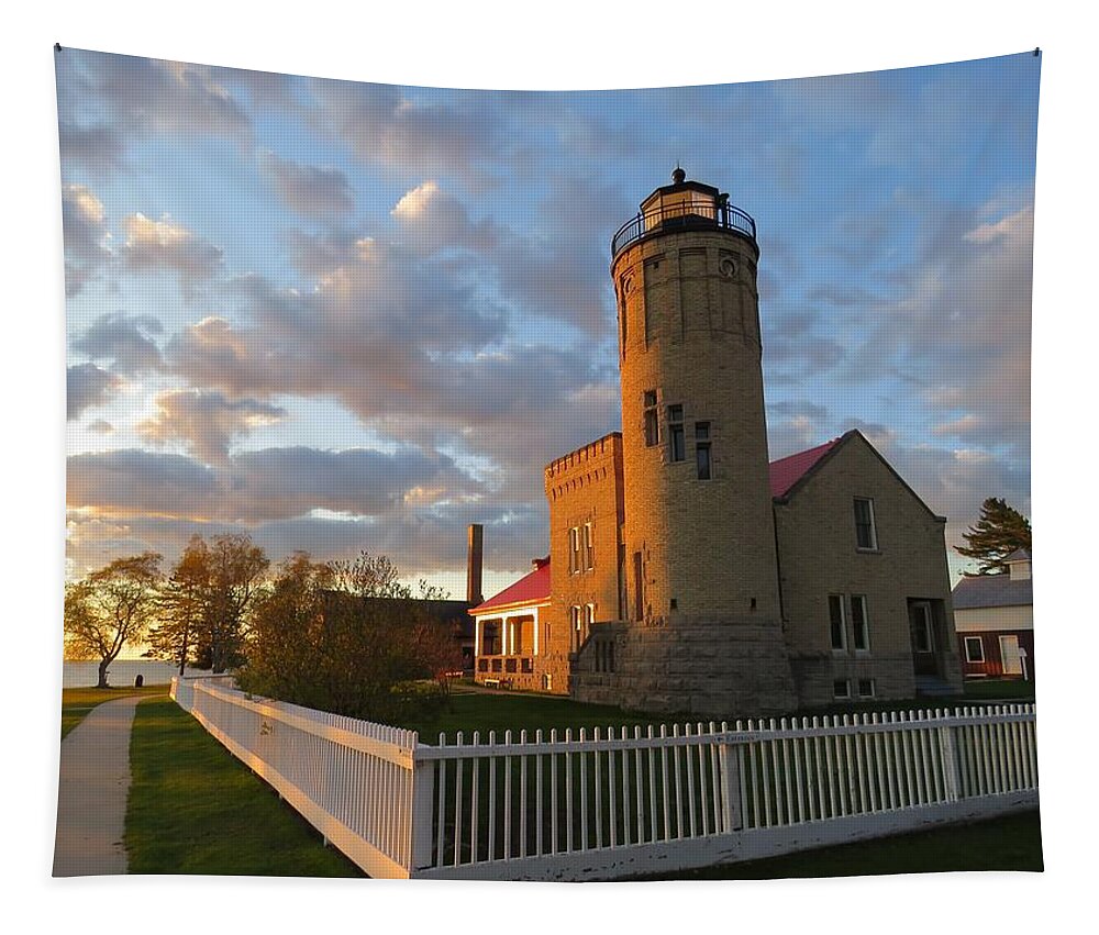 Michigan Tapestry featuring the photograph Old Mackinac Point Lighthouse Sunrise by Keith Stokes