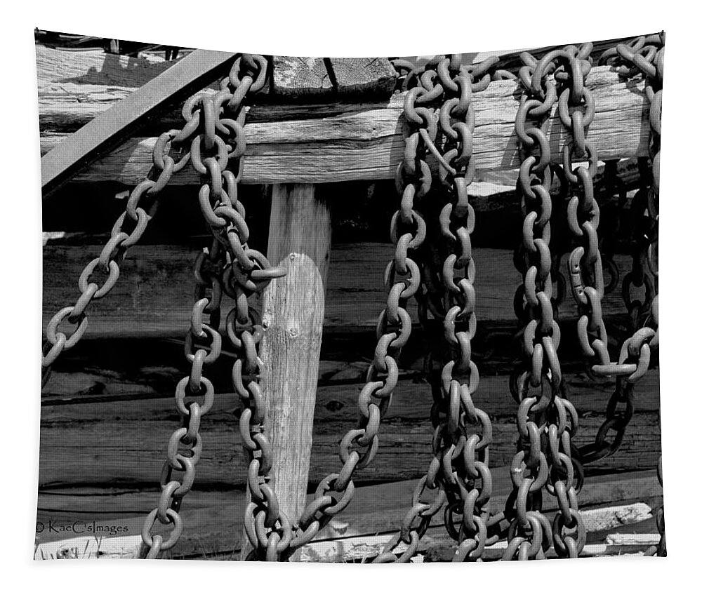 Weathered Wood Tapestry featuring the photograph Old Wood and Chains BW by Kae Cheatham
