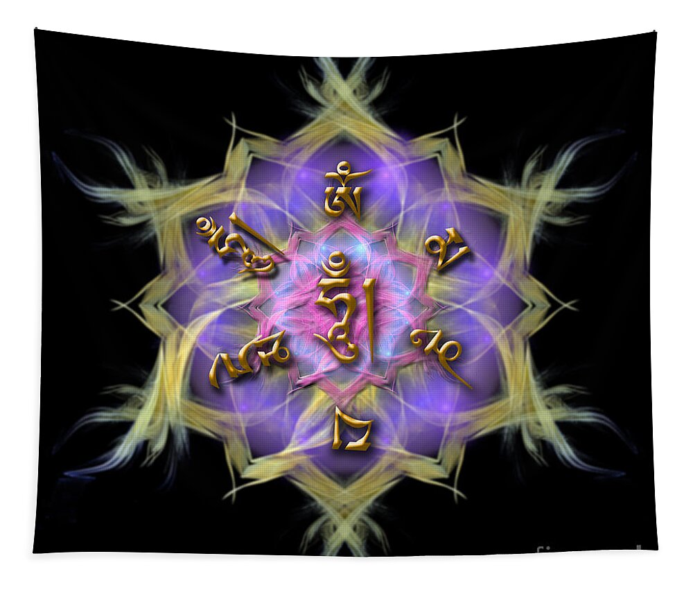 Om Mani Padme Hum With Symbols Tapestry featuring the digital art OM MANI PADME HUM with symbols by Alexa Szlavics